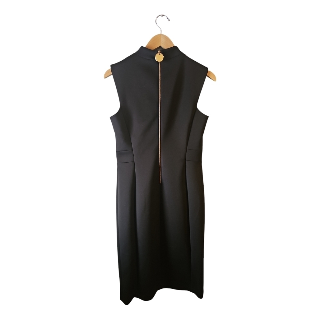 Calvin Klein black mockneck scuba sheath Sleeveless Dress gold details sz 10 - Picture 3 of 6